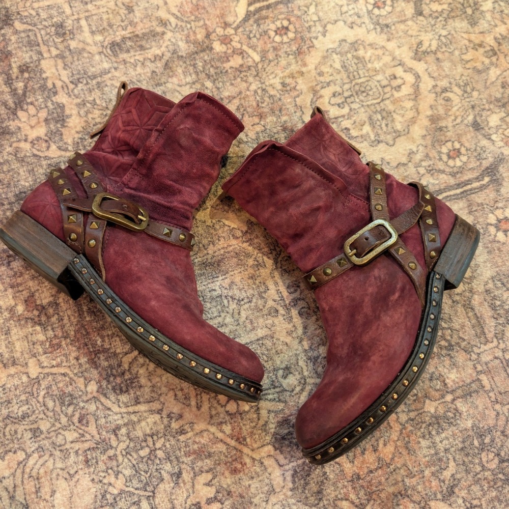 A.S.98 Womens Saint Burgundy Suede Studded Buckle Moto Ankle Boots US 6.5 - 7